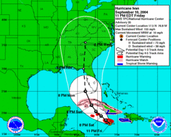 Forecast track of Hurricane Ivan as of September 10, 2004 at 11PM EDT. (Refresh your browser with Ctrl-F5 to see the latest version)